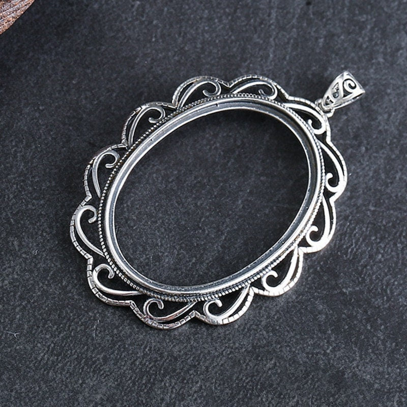 Retro Ethnic Flowers Oval Base Pendant Setting Sterling Silver Fine 925 26x36mm For One Stone Gemstone No Prongs DIY Jewelry Wholesale