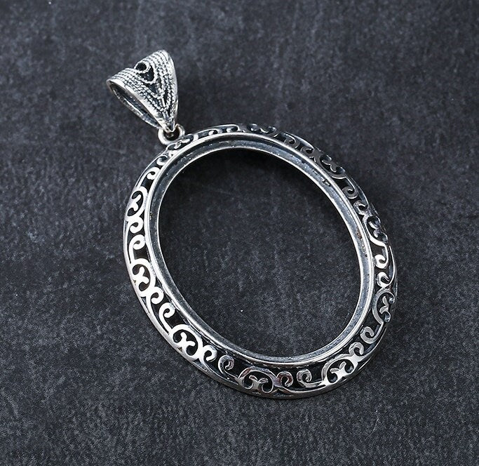 Retro Ethnic Flowers Oval Base Pendant Blank Setting Sterling Silver Fine 925 24x32mm For One Stone Gemstone No Prongs DIY Jewelry Wholesale