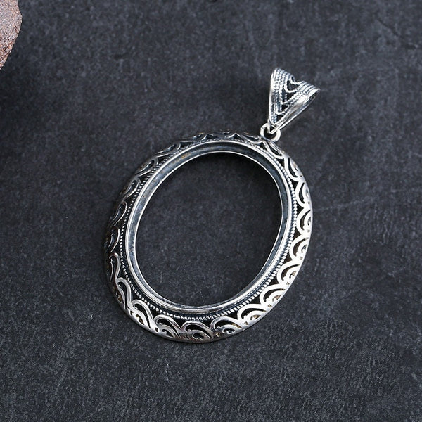 Retro Ethnic Pattern Oval Base Pendant Setting Tray Sterling Silver Fine 925 23x30mm For One Stone Gemstone No Prongs DIY Jewelry Wholesale