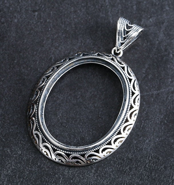 Retro Ethnic Pattern Oval Base Pendant Setting Tray Sterling Silver Fine 925 23x30mm For One Stone Gemstone No Prongs DIY Jewelry Wholesale