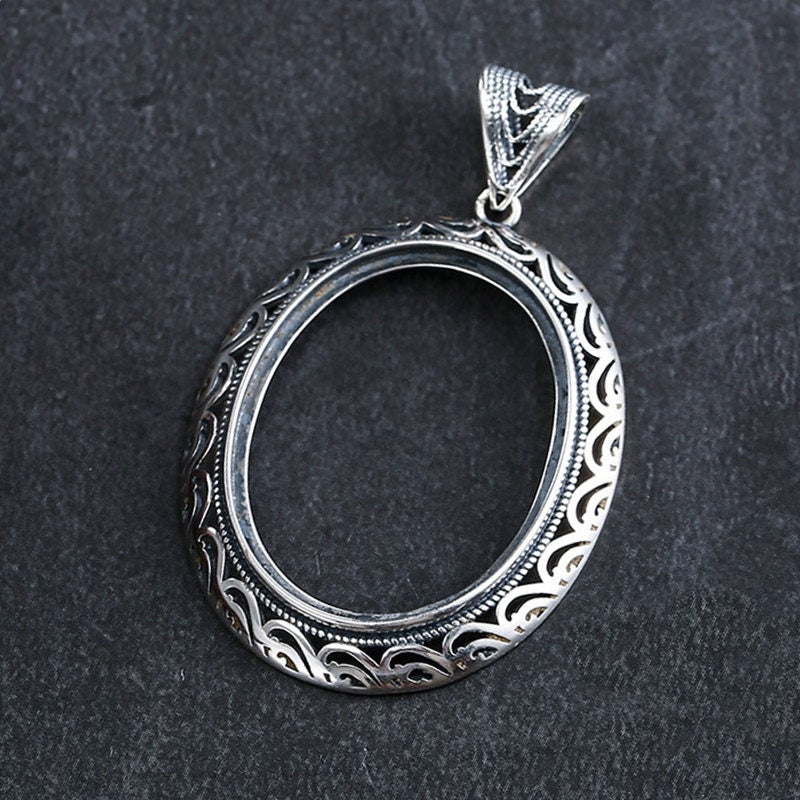 Retro Ethnic Pattern Oval Base Pendant Setting Tray Sterling Silver Fine 925 23x30mm For One Stone Gemstone No Prongs DIY Jewelry Wholesale