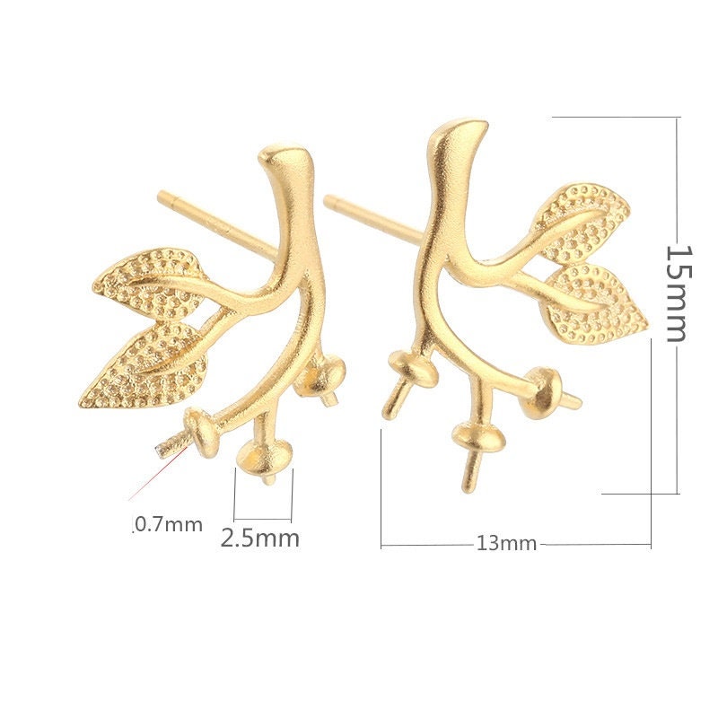 Leaf Branch Cup Pin Earrings Stud Blank Setting Sterling Silver Gold Bezel Fine 925 5-10 mm For Three Pearls No Prongs DIY Jewelry Wholesale