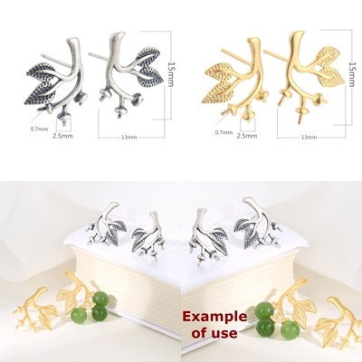 Leaf Branch Cup Pin Earrings Stud Blank Setting Sterling Silver Gold Bezel Fine 925 5-10 mm For Three Pearls No Prongs DIY Jewelry Wholesale