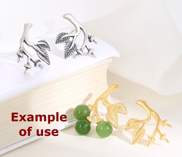 Leaf Branch Cup Pin Earrings Stud Blank Setting Sterling Silver Gold Bezel Fine 925 5-10 mm For Three Pearls No Prongs DIY Jewelry Wholesale