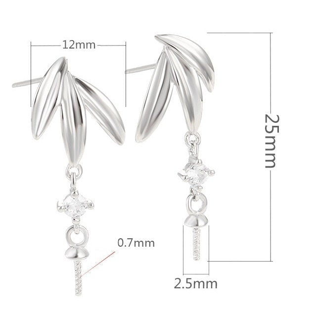 Leaf Branch Cup Pin Base Earrings Stud Setting Sterling Silver Gold Bezel Fine 925 5-10mm For One Pearl Bead No Prongs DIY Jewelry Wholesale