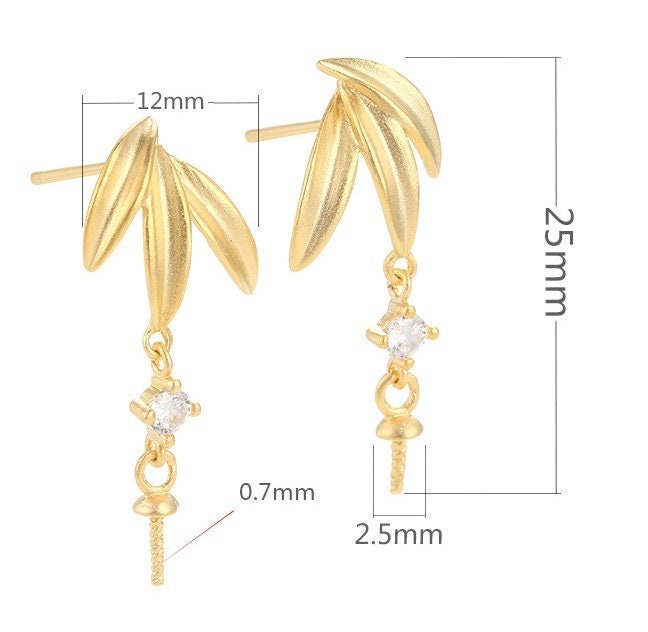 Leaf Branch Cup Pin Base Earrings Stud Setting Sterling Silver Gold Bezel Fine 925 5-10mm For One Pearl Bead No Prongs DIY Jewelry Wholesale