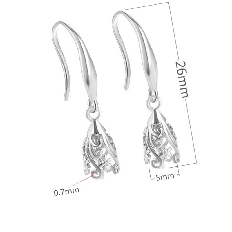 Openwork Bell Cup Pin Earrings Hook Setting Fine Sterling Silver White Gold 925 5 mm For One Pearl Bead No Prongs DIY Jewelry Wholesale