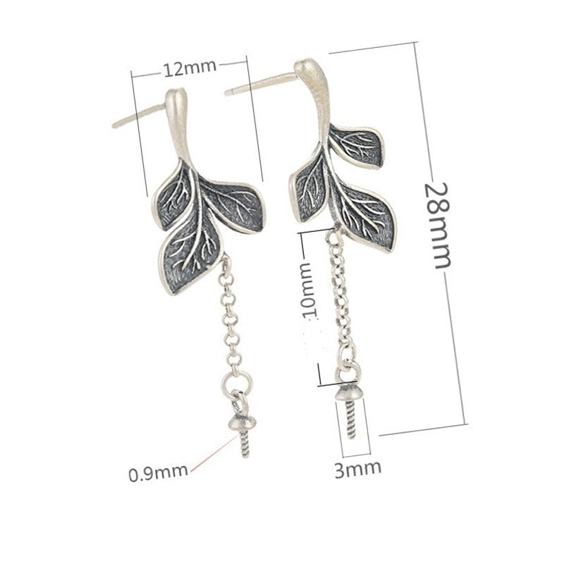 Vintage Leaf Chain Cup Pin Earrings Hook Setting Base Sterling Silver Gold Fine 925 5-10 mm For One Pearl No Prongs DIY Jewelry Wholesale