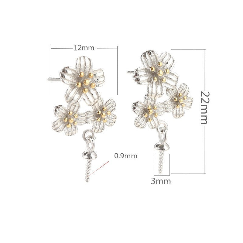 Flowers Cup Pin Base Earrings Stud Blank Setting Sterling Silver White Gold Fine 925 5-10 mm For One Pearl No Prongs DIY Jewelry Wholesale