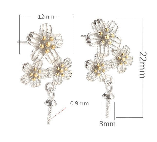 Flowers Cup Pin Base Earrings Stud Blank Setting Sterling Silver White Gold Fine 925 5-10 mm For One Pearl No Prongs DIY Jewelry Wholesale