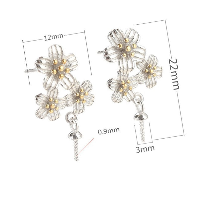 Flowers Cup Pin Base Earrings Stud Blank Setting Sterling Silver White Gold Fine 925 5-10 mm For One Pearl No Prongs DIY Jewelry Wholesale