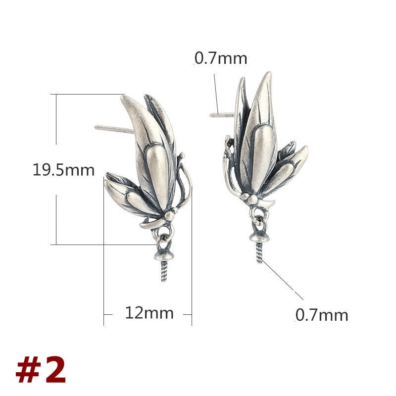 Butterfly Chain Cup Pin Earrings Stud Setting Sterling Silver Gold Fine 925 12x19.5 mm For One Pearl Bead No Prongs DIY Jewelry Wholesale