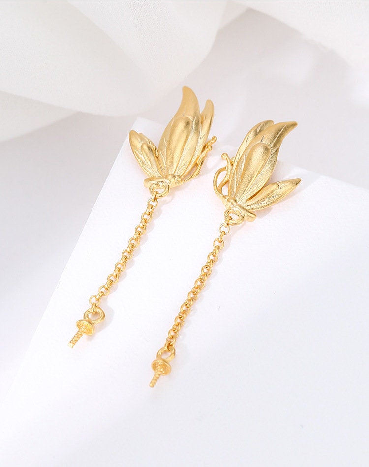 Butterfly Chain Cup Pin Earrings Stud Setting Sterling Silver Gold Fine 925 12x19.5 mm For One Pearl Bead No Prongs DIY Jewelry Wholesale