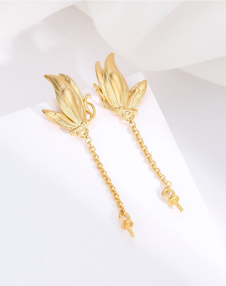 Butterfly Chain Cup Pin Earrings Stud Setting Sterling Silver Gold Fine 925 12x19.5 mm For One Pearl Bead No Prongs DIY Jewelry Wholesale