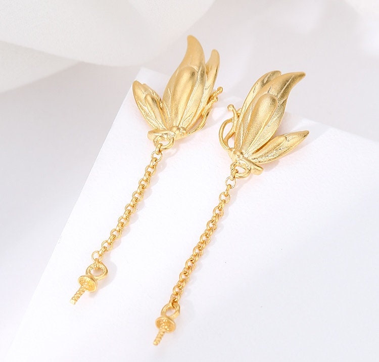 Butterfly Chain Cup Pin Earrings Stud Setting Sterling Silver Gold Fine 925 12x19.5 mm For One Pearl Bead No Prongs DIY Jewelry Wholesale