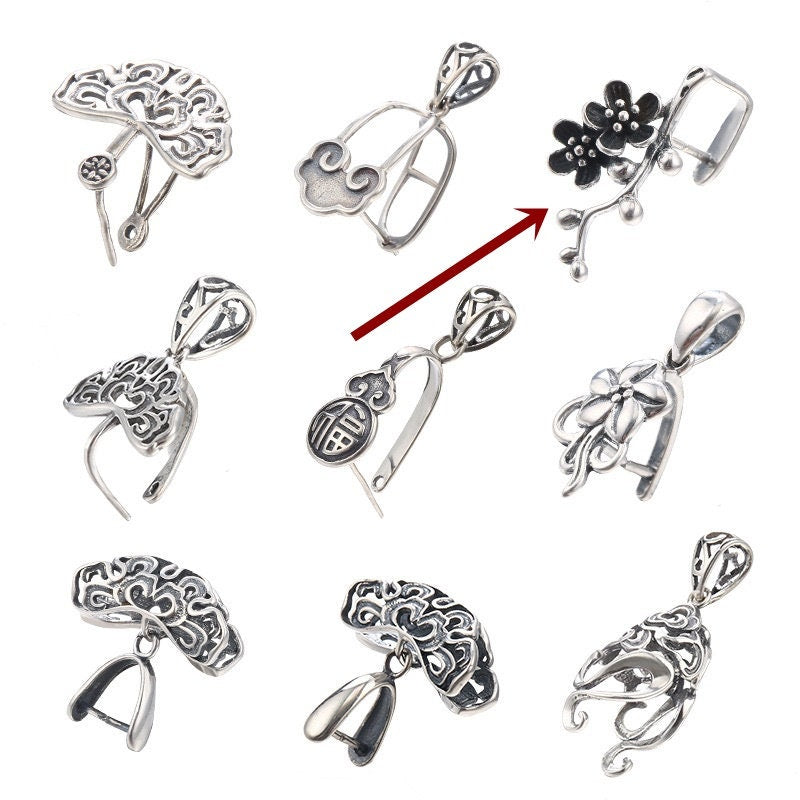 Ethnic Flowers Buckle Clip Pendant Setting Sterling Silver Antique Fine 925 8x4.5 mm For One Stone Gemstone No Prongs DIY Jewelry Wholesale