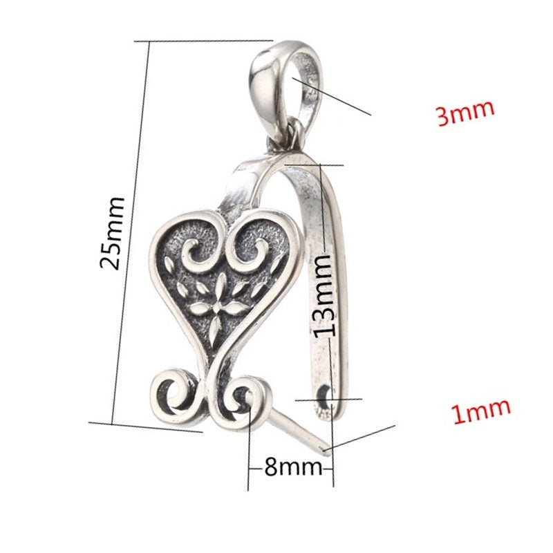 Ethnic Love Heart Buckle Clip Pendant Setting Sterling Silver Antique Fine 925 8x13mm For One Stone Gemstone No Prongs DIY Jewelry Wholesale