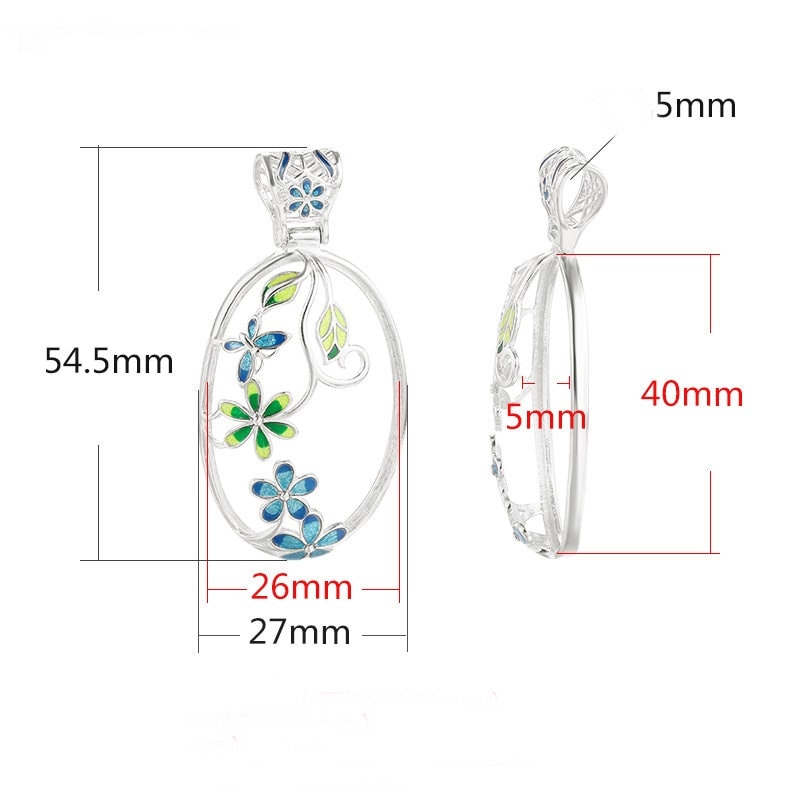 Silver Rose Gold Oval Butterfly Flower Pattern Pendant Setting Sterling 925 26x40 mm For One Stone Gemstone No Prongs DIY Jewelry Wholesale