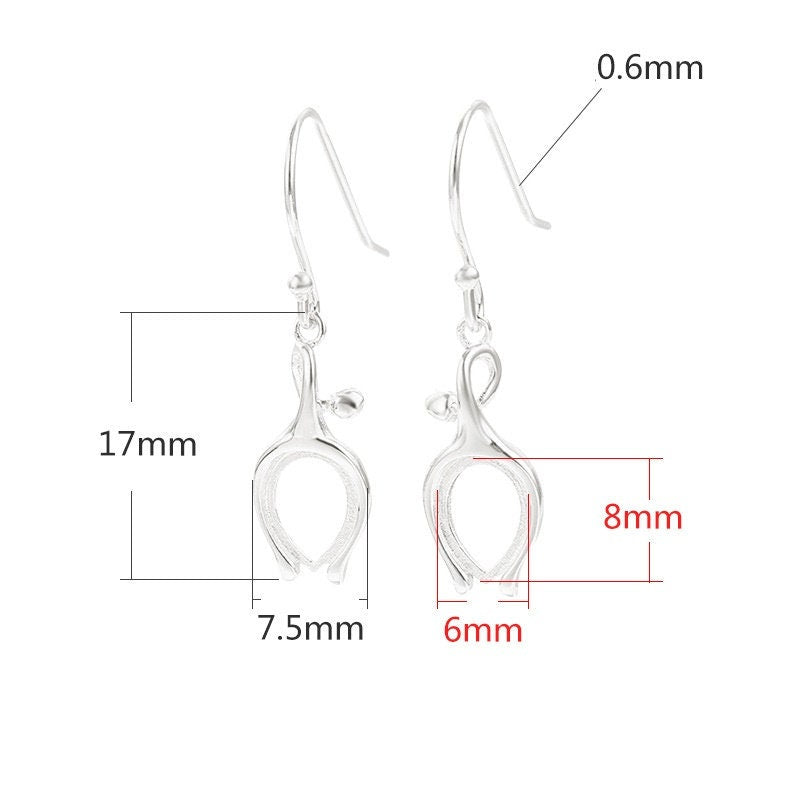 Tulip Flower Teardrop Earrings Hook Blank Setting Sterling Silver Gold Bezel Fine 925 6x8 mm For One Stone No Prongs DIY Jewelry Wholesale