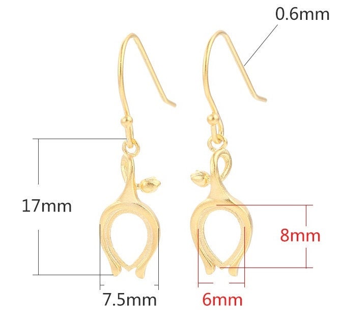 Tulip Flower Teardrop Earrings Hook Blank Setting Sterling Silver Gold Bezel Fine 925 6x8 mm For One Stone No Prongs DIY Jewelry Wholesale