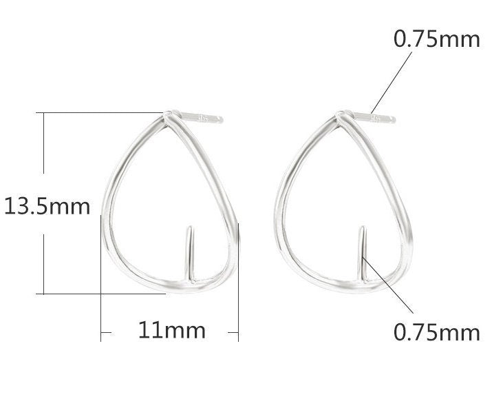 Teardrop Shape Pin Base Stud Earrings Setting Sterling Silver White Gold Fine 925 6-8mm For One Bead Pearl No Prongs DIY Jewelry Wholesale