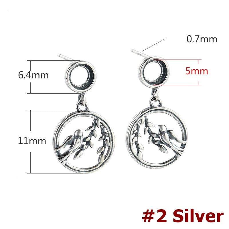 Leaf Bird Pattern Round Base Earrings Stud Setting Fine Silver Gold Bezel Sterling 925 4 5 6mm For One Stone No Prongs DIY Jewelry Wholesale