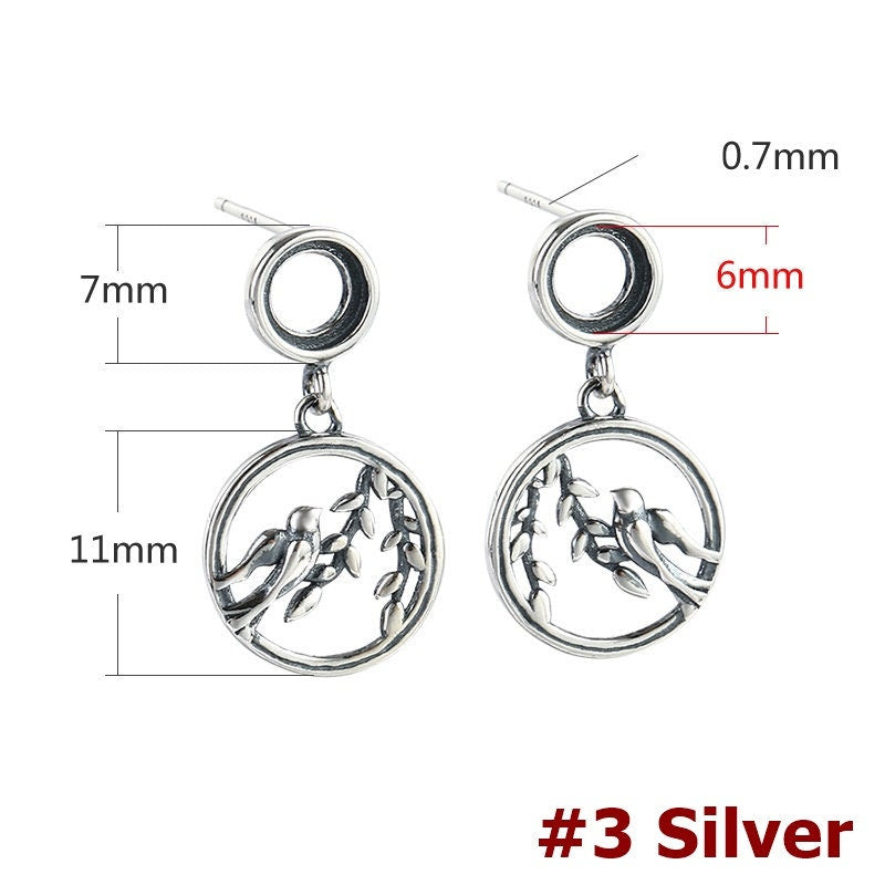 Leaf Bird Pattern Round Base Earrings Stud Setting Fine Silver Gold Bezel Sterling 925 4 5 6mm For One Stone No Prongs DIY Jewelry Wholesale