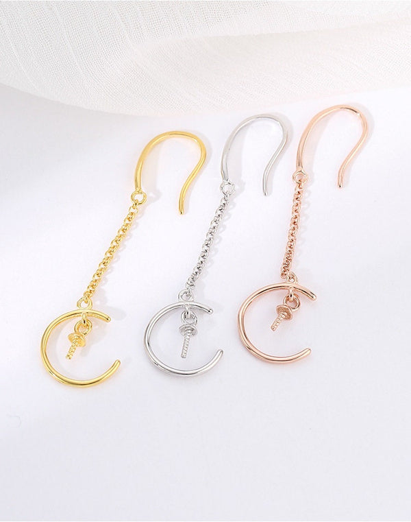 Chain Circle Moon Cup Earrings Hook Setting Sterling Silver Rose Gold Fine 925 4-5 mm For One Pearl Bead No Prongs DIY Jewelry Wholesale