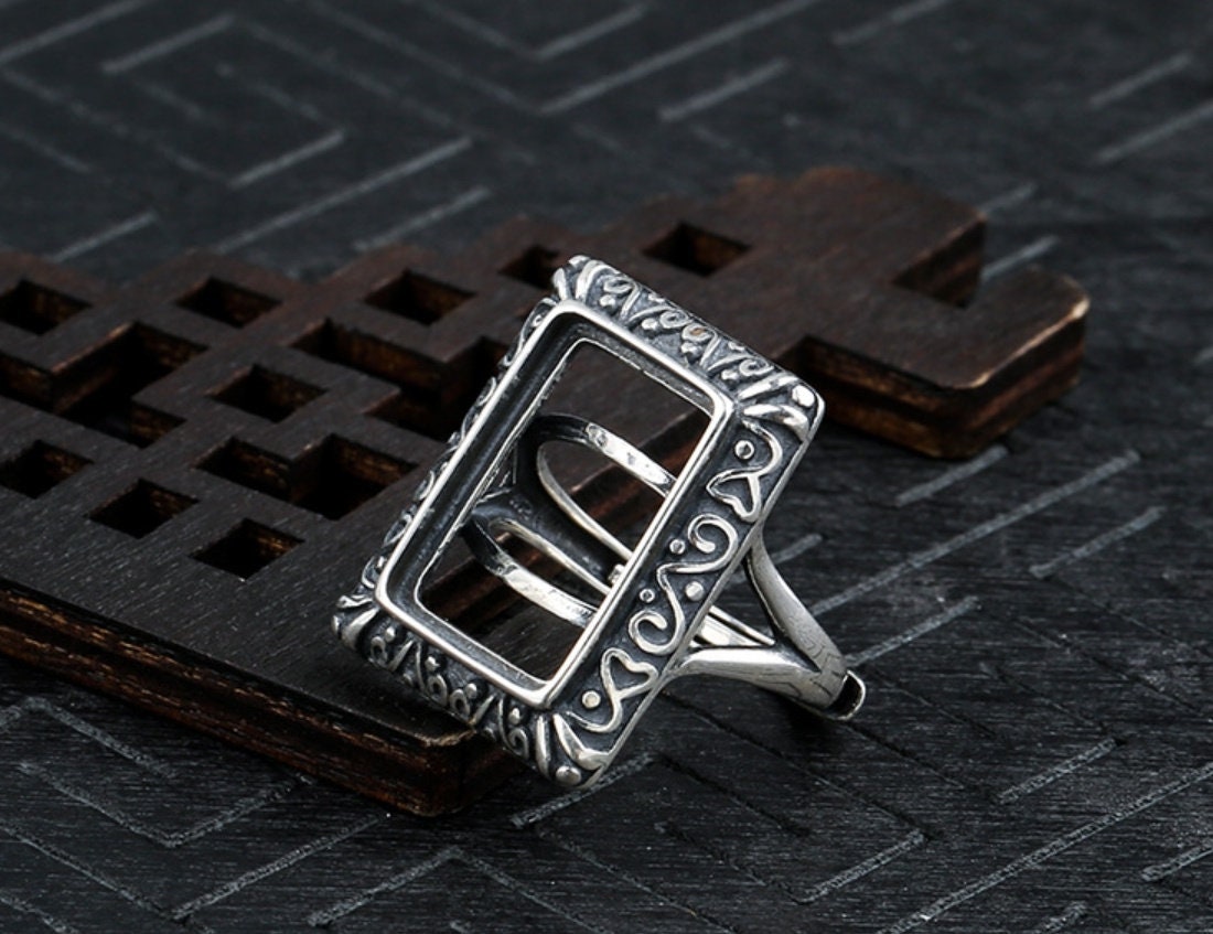 Ring Blank Setting 1pc 925 Sterling Silver Vintage Rectangle Base Bezel 11x17mm For One Stone Cabochon Adjustable No Prongs Wholesale