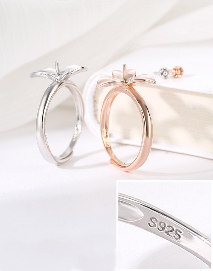 Ring Blank Setting 1pc Sterling Silver 925 Flower Pin Base White Rose Gold Fine 6-8mm For One Pearl Bead Adjustable No Prongs Wholesale