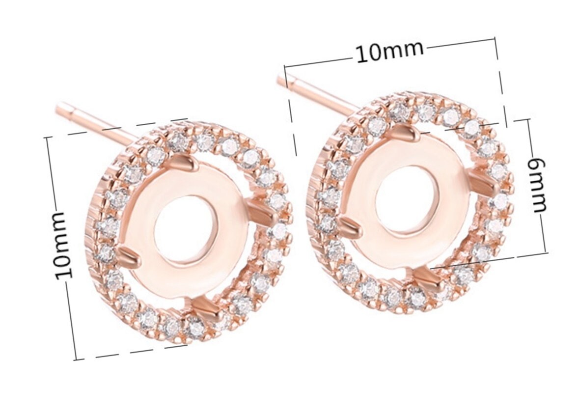 Crystals Round Base Stud Earrings Setting Wholesale Sterling Silver Rose Gold Fine 925 6 mm For One Stone Gemstone Four Prongs DIY Jewelry