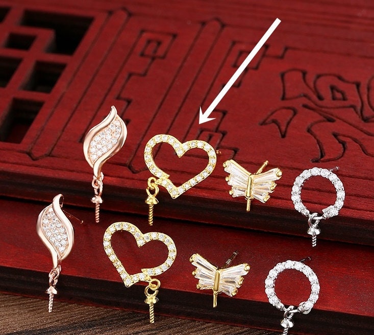 Crystals Heart Cup Pin Stud Earrings Setting Tray Bulk Sterling Silver Gold Fine 925 5-10mm For One Pearl No Prongs DIY Jewelry Wholesale