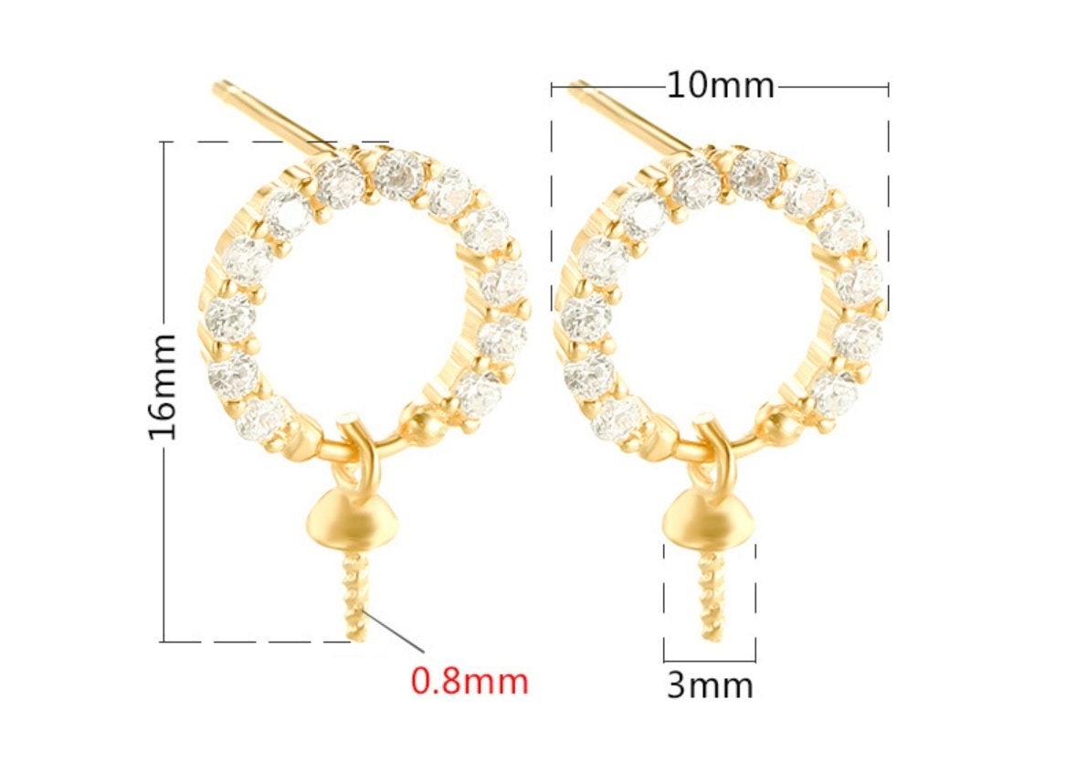 Crystals Round Cup Pin Stud Earrings Blank Setting Sterling Silver Rose Gold Fine 925 5-10mm For One Pearl No Prongs DIY Jewelry Wholesale