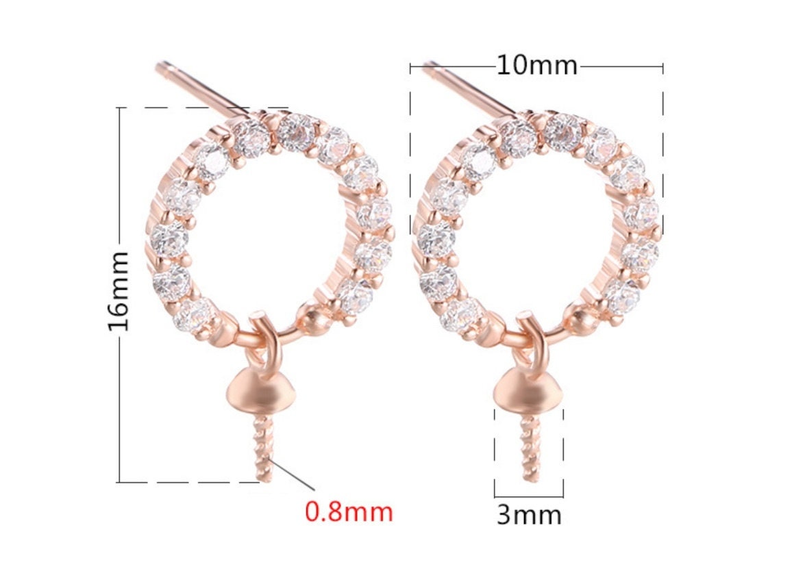 Crystals Round Cup Pin Stud Earrings Blank Setting Sterling Silver Rose Gold Fine 925 5-10mm For One Pearl No Prongs DIY Jewelry Wholesale