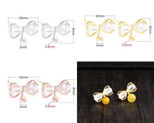 Crystals Bow-Knot Pin Stud Earrings No Prongs Setting Sterling Silver Gold Fine 925 8x10 mm For One Pearl Adjustable DIY Jewelry Wholesale