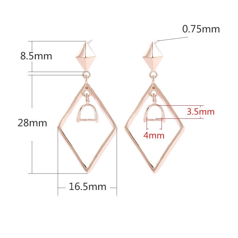 Rhombus Buckle Clip Stud Earrings Setting Bezel Sterling Silver Rose Gold Fine 925 3.5x4 mm For One Pearl No Prongs DIY Jewelry Wholesale