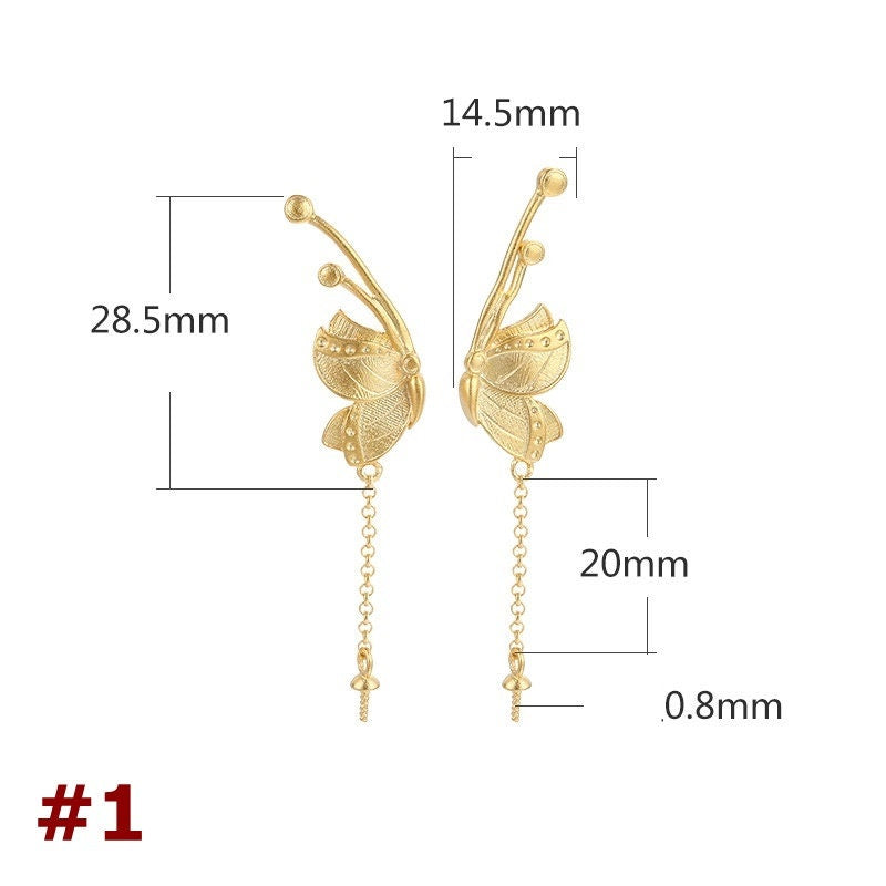 Vintage Butterfly Cup Pin Earrings Stud Setting Base Sterling Silver Gold Fine 925 14.5x28.5mm For One Pearl No Prongs DIY Jewelry Wholesale