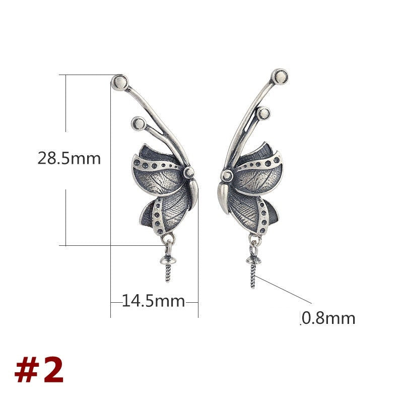 Vintage Butterfly Cup Pin Earrings Stud Setting Base Sterling Silver Gold Fine 925 14.5x28.5mm For One Pearl No Prongs DIY Jewelry Wholesale