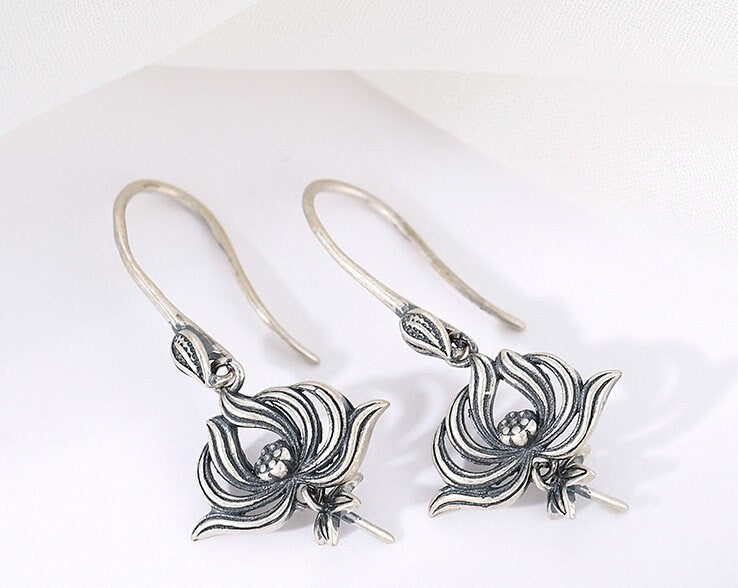 Vintage Flower Leaf Cup Earrings Hook Setting Fine Sterling Silver Gold 925 15.5x35 mm For One Pearl Bead No Prongs DIY Jewelry Wholesale