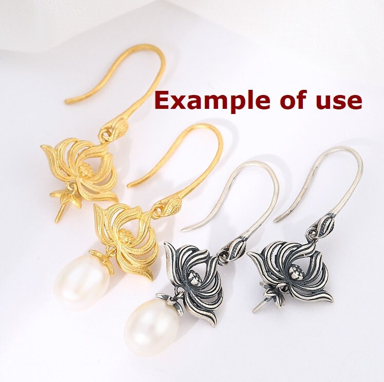 Vintage Flower Leaf Cup Earrings Hook Setting Fine Sterling Silver Gold 925 15.5x35 mm For One Pearl Bead No Prongs DIY Jewelry Wholesale