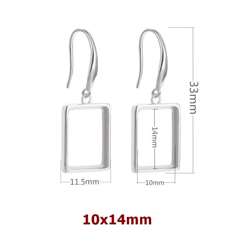 Rectangle Earrings Hook Blank Setting Sterling Silver White Gold Fine 925 10-16mm For One Stone Gemstone No Prongs DIY Jewelry Wholesale