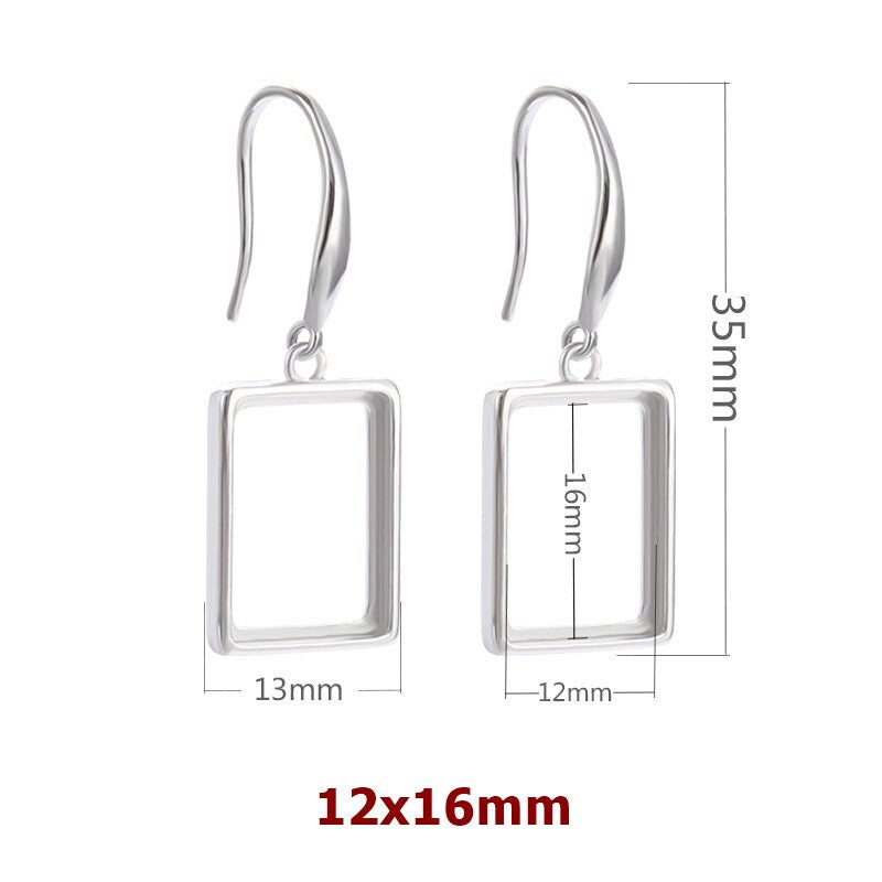 Rectangle Earrings Hook Blank Setting Sterling Silver White Gold Fine 925 10-16mm For One Stone Gemstone No Prongs DIY Jewelry Wholesale