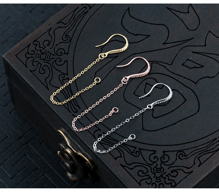 Chain Loop Buckle Earrings Hook Setting Fine Sterling Silver White Rose Gold 925 15.5x60mm For One Bead No Prongs DIY Jewelry Wholesale