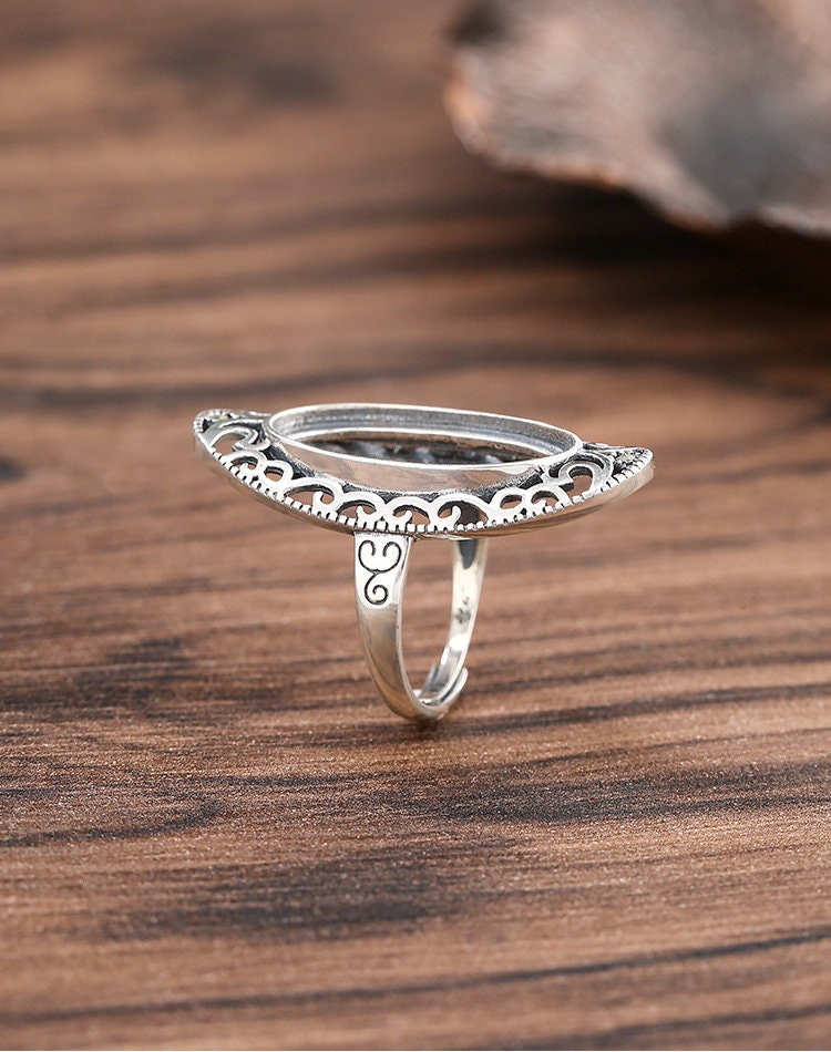 Ring Blank Setting 1pc Sterling Silver 925 Vintage Pattern Oval Base Fine 11.5x22mm For One Stone Gemstone Adjustable No Prongs Wholesale