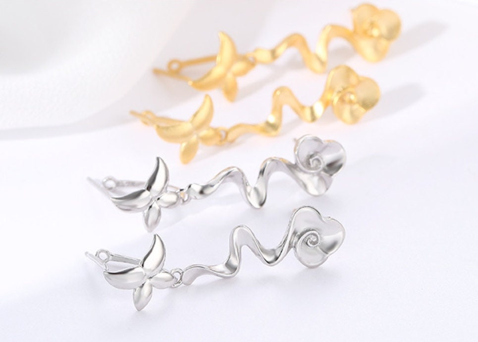 Vintage Wave Flower Base Earrings Stud Setting Sterling Silver Gold Fine 925 7x9mm For One Stone Gemstone No Prongs DIY Jewelry Wholesale