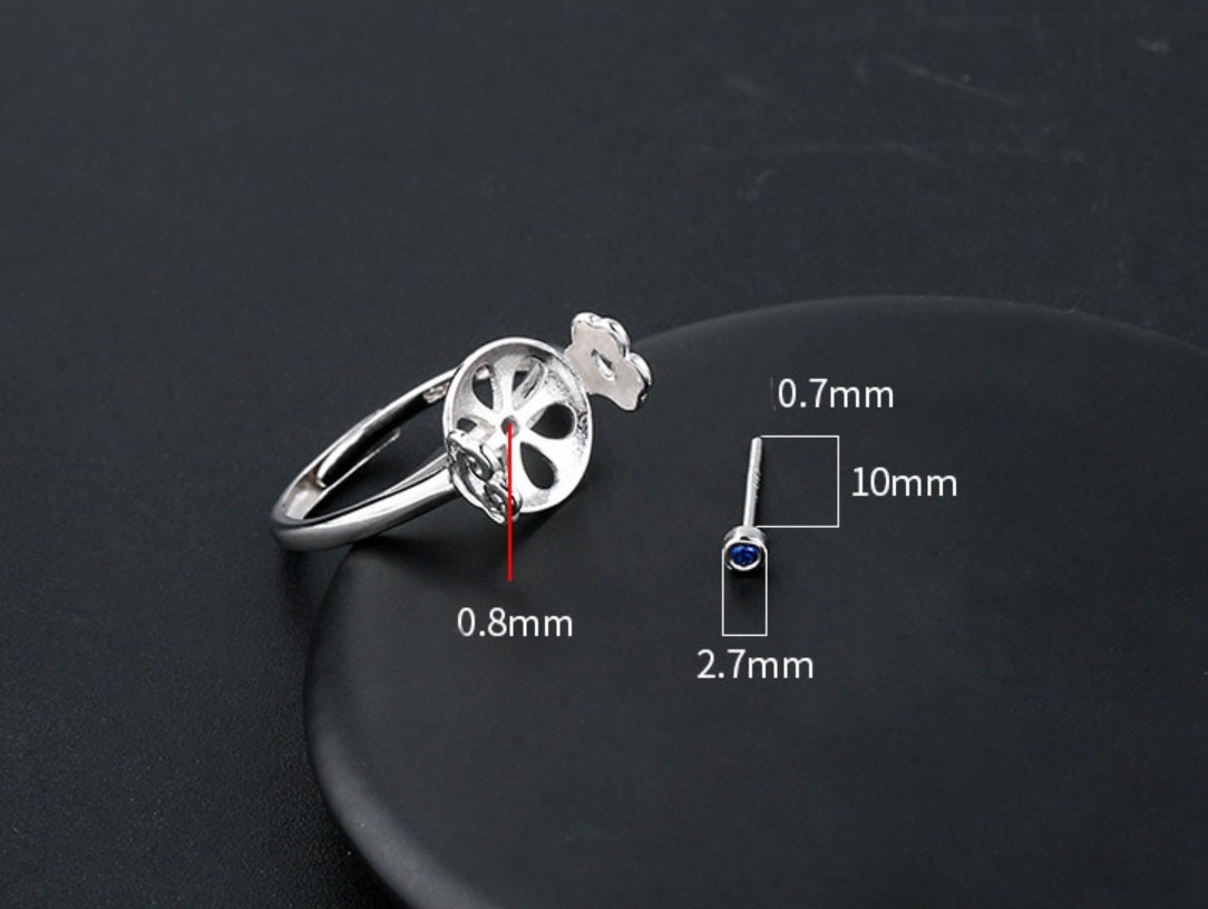 Ring Blank Setting 1pc Sterling Silver 925 Round Pin Base Fine Crystals White Gold 8x10.5mm For One Bead Adjustable Two Prongs Wholesale