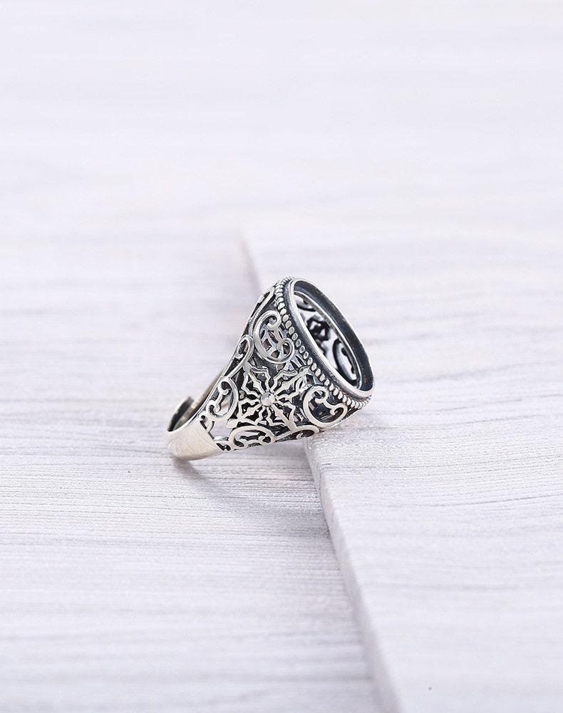 Ring Blank Setting 1pc Sterling Silver 925 Vintage Openwork Oval Rectangle Fine 12x16mm For One Stone Adjustable No Prongs Wholesale