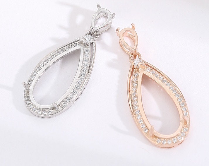 Teardrop Crystals Base Pendant Setting Sterling Silver Rose Gold Fine 925 4x6 8x17 mm For Two Stones Three Prongs DIY Jewelry Wholesale