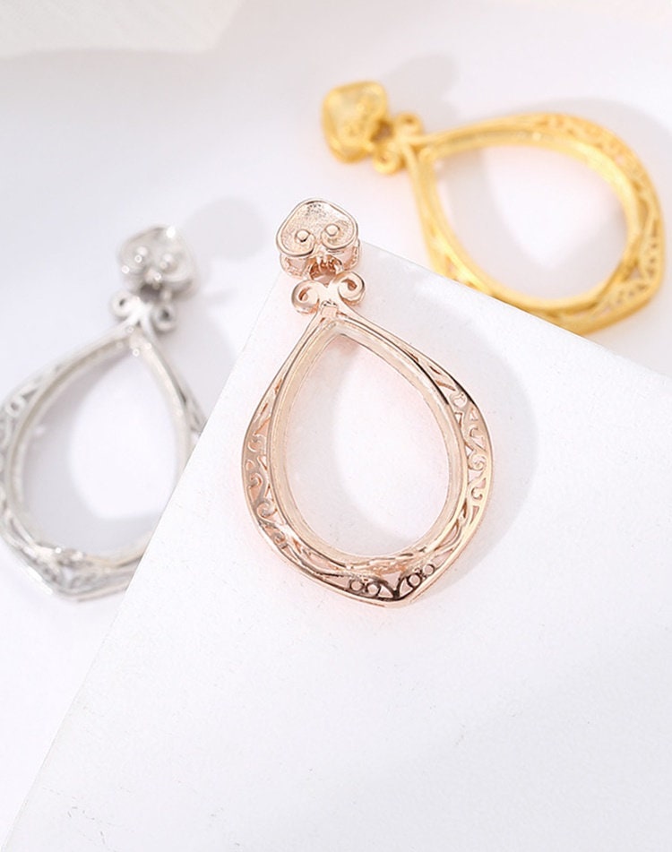 Retro Openwork Teardrop Base Pendant Setting Sterling Silver Gold Fine 925 13x18 mm For One Stone Gemstone One Prong DIY Jewelry Wholesale