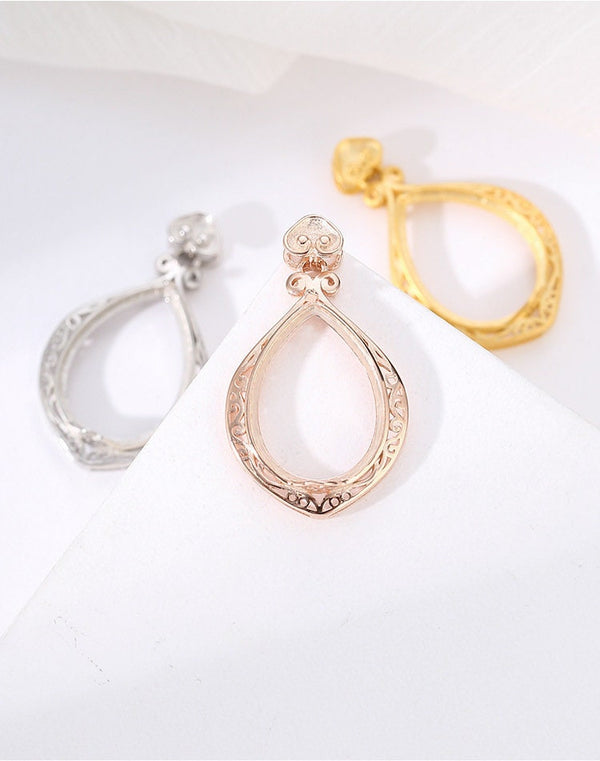 Retro Openwork Teardrop Base Pendant Setting Sterling Silver Gold Fine 925 13x18 mm For One Stone Gemstone One Prong DIY Jewelry Wholesale